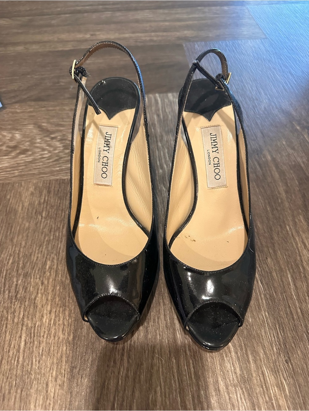 Jimmy Choo Black Patent Leather Peep-Toe Slingback Heels